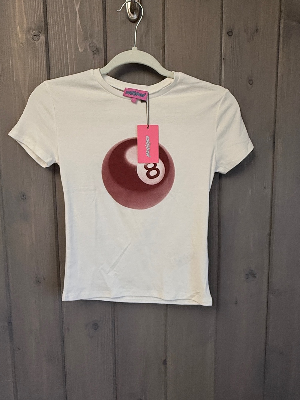 Edikted White Baby Tee with Maroon 8-Ball Graphic